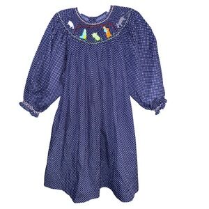 Mom & Me Girls Navy Polka‎ Dot Smocked Nativity Bishop Dress Size 4 Christmas